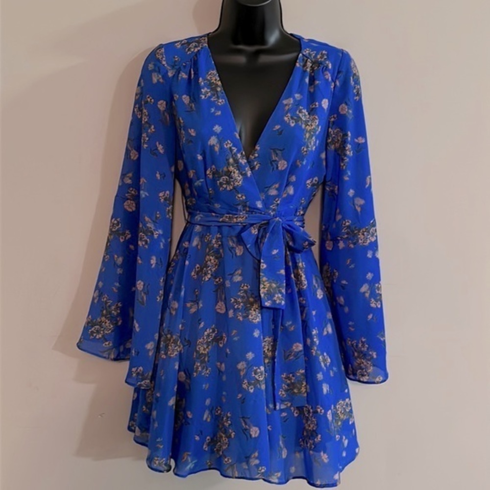 Free People Womens Lilou Printed Dress Size XS in Cobalt Combo Bell Sleeves